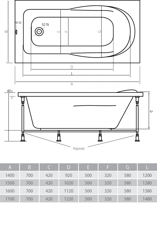 Акриловая ванна ALPEN Karmenta 140