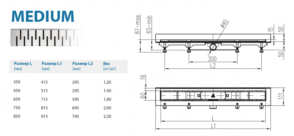 Водоотводящий желоб ALPEN Medium ALP-450M2 для монтажа вплотную к стене