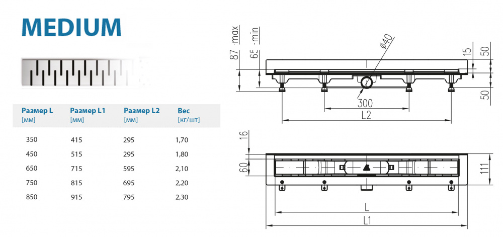 Водоотводящий желоб ALPEN Medium ALP-350MN2 к стене с рамкой